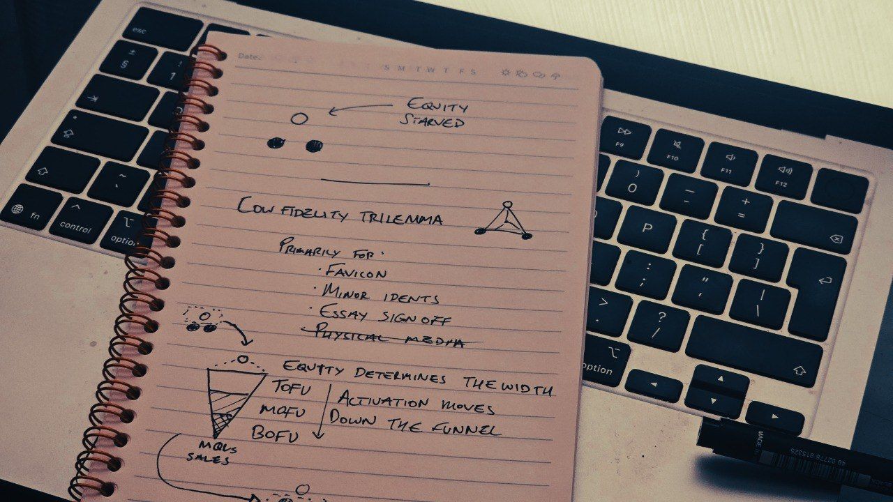 A notebook page of working notes: a low-fidelity trilemma sketch for the site mark, a list with one item crossed out, and a funnel diagram
